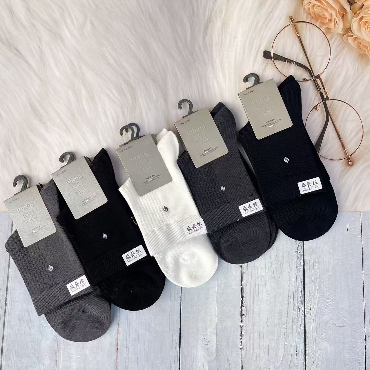 Handmade Bamboo Silk Mid-Calf Solid Color Business Socks for Men and Women with Ice Feel, Ultra-Thin Breathable Mesh Socks