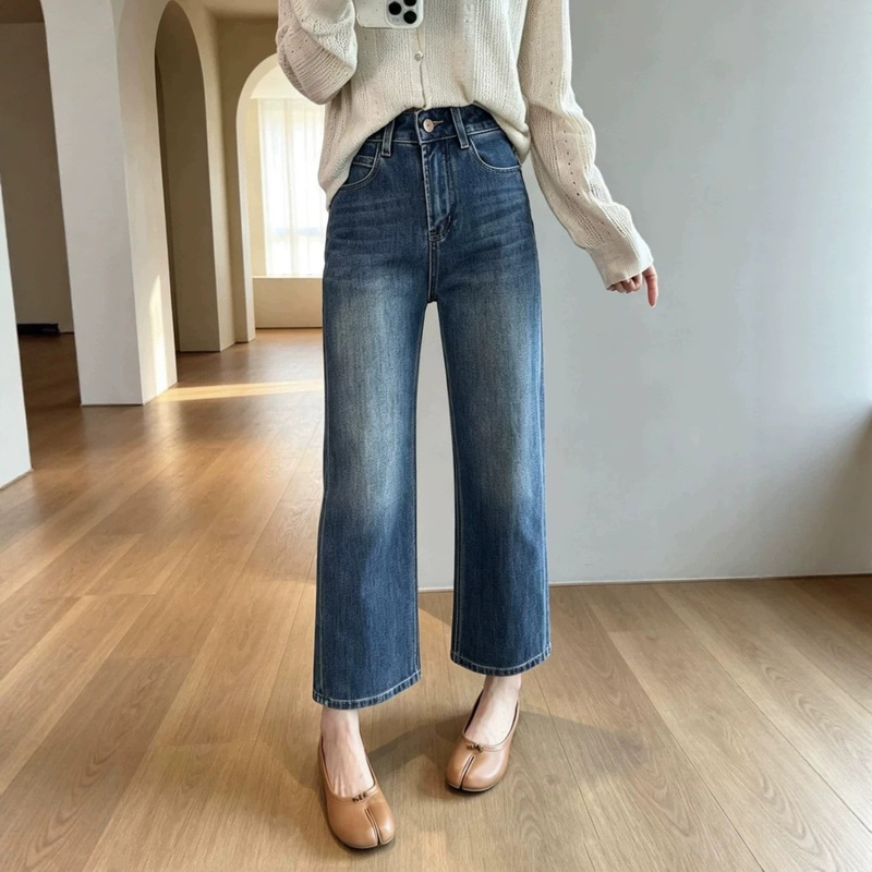 Straight-leg jeans! Women's 2026 new collection, four-way stretch, straight-leg denim pants with embroidered back pockets, high-waisted, cropped length Straight-leg jeans! Women's 2026 new collection, four-way stretch, straight-leg denim pants with embroidered back pockets, high-waisted, cropped length