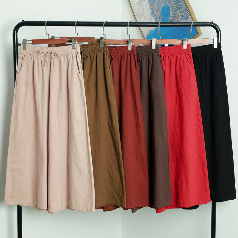 23 Spring and Summer New Ramie Culottes Wide Leg Women's Washed Cotton and Linen Large Size Pants Outer Wear Casual Pants