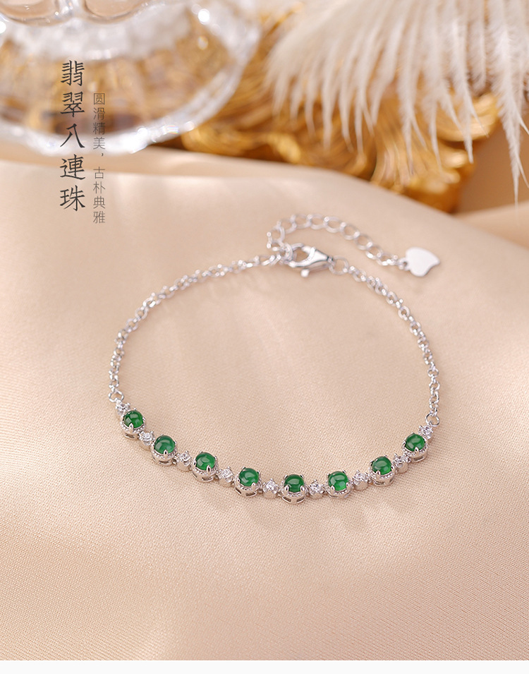 Vòng tay bạc S925 đính ngọc lục bảo 8 hạt phong cách hoang dã tinh tế — Một chiếc chi tiết 1