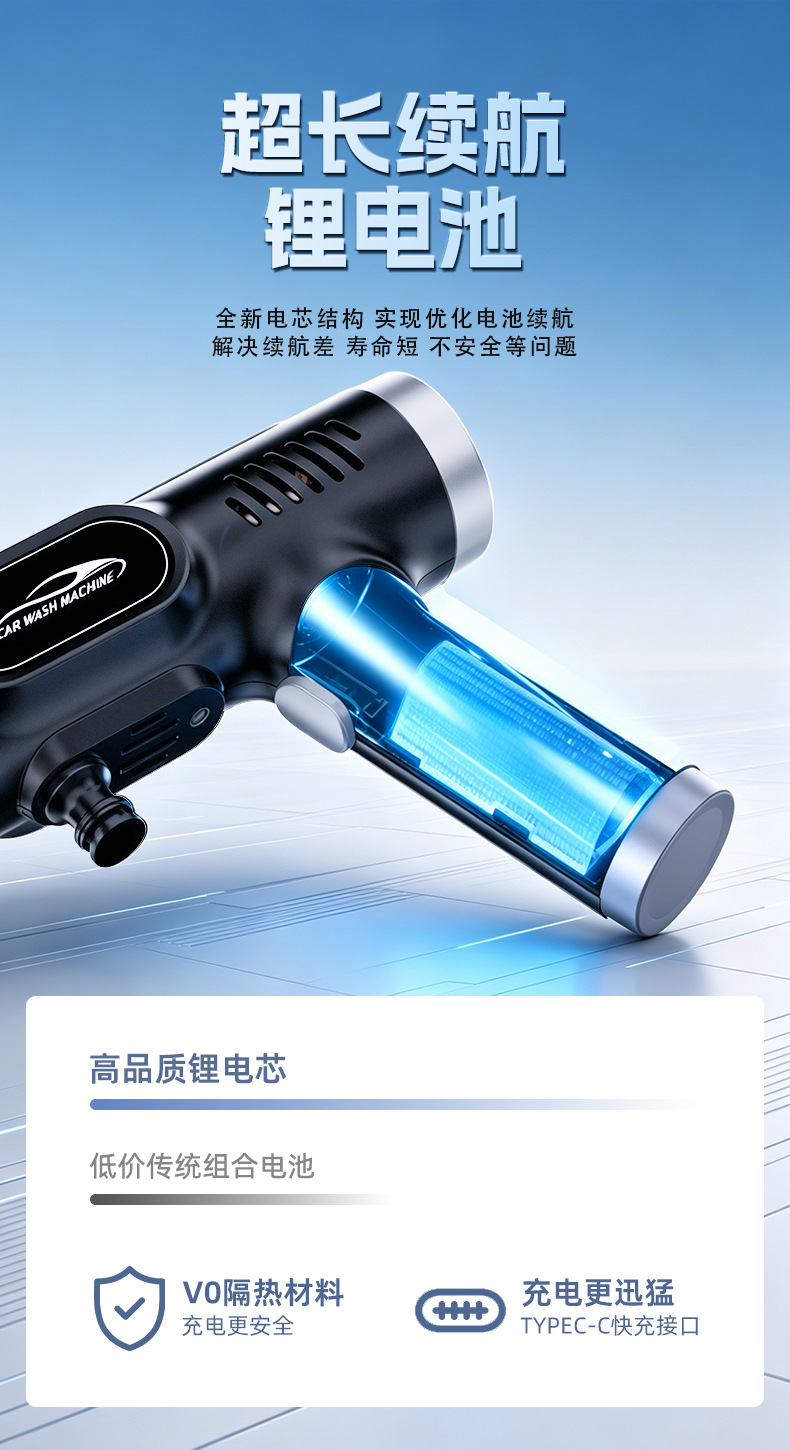 Wireless car wash high-pressure water gun, household electric lithium battery cleaning machine, powerful pressure-enhanced car wash gun