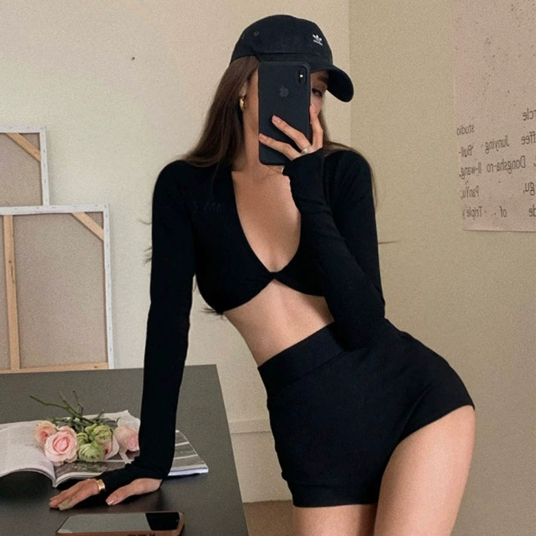 Черная раздельная футболка с длинным рукавом, sexy купальник, 2024 год, высокая талия, облегающий крой