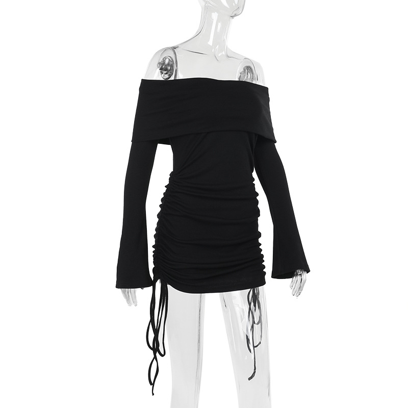 Autumn Socialite Elegant Sexy Slim off Shoulder Drawstring Bag Hip Dress Women