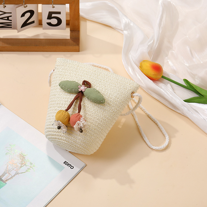 夏の海辺の子供用バッグ、スカート付きのかわいいチェリー織り、休暇用の麦わらバッグ、女の子の携帯電話のクロスボディバッグ|undefined