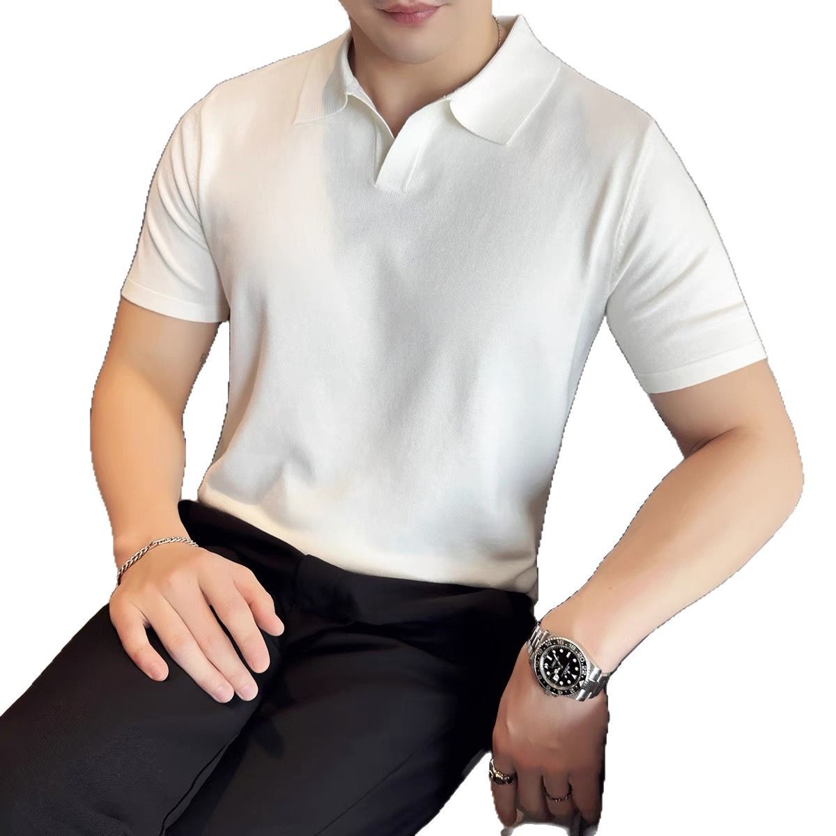 Camisa POLO de punto de color sólido para hombre, estilo fino de verano, seda de hielo, transpirable, manga corta ajustada, nueva solapa, camiseta multicolor