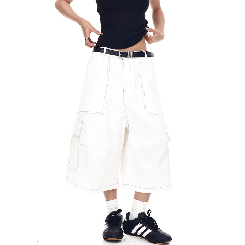 American Retro Style Large Pocket Workwear Jeans for Women, Designer Logging Pants, Loose Wide-Leg Over-The-Knee Cropped Pants, Trendy American Retro Style Large Pocket Workwear Jeans for Women, Designer Logging Pants, Loose Wide-Leg Over-The-Knee Cropped Pants, Trendy