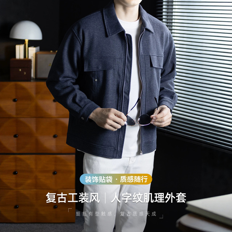 Urban retro herringbone texture jacket with pocket design for men, autumn trendy slightly oversized casual lapel coat