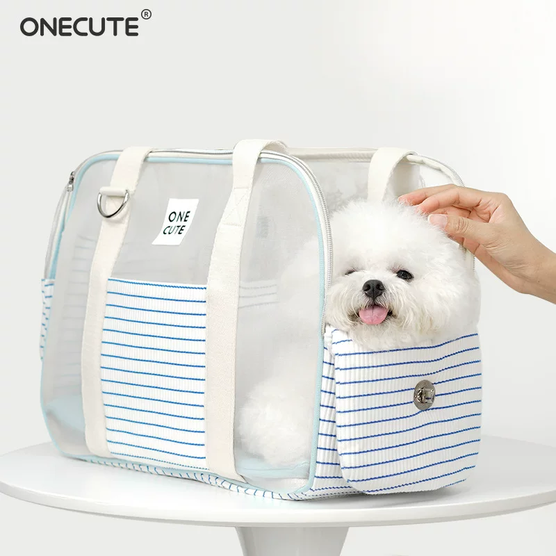 ONECUTE宠物狗狗外出包夏天蓝白条纹透气单肩猫包狗狗出行包比熊