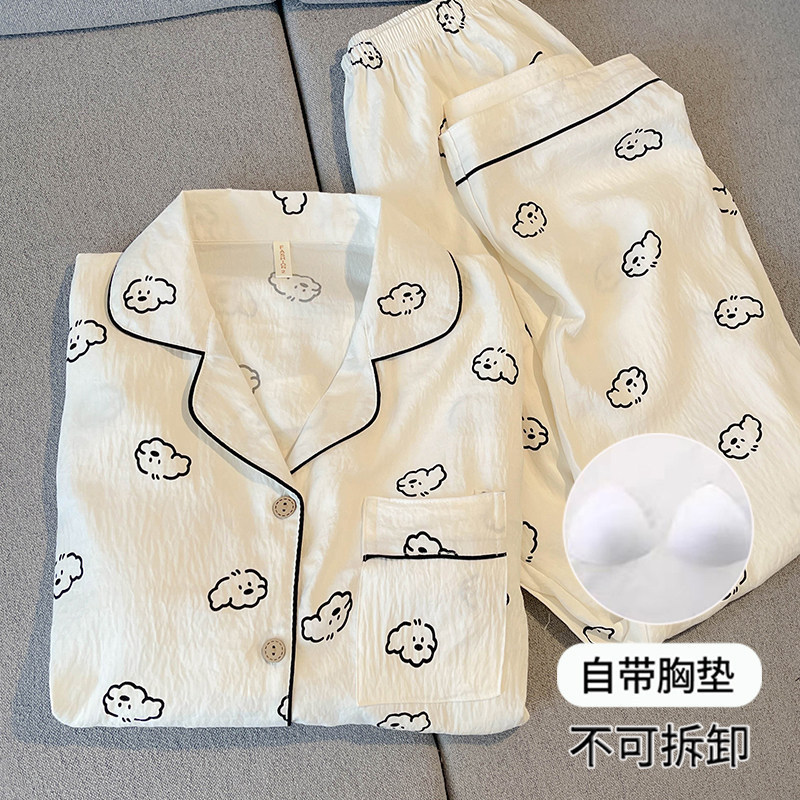 Long-Sleeved Pajamas with Breast Pads for Women, Spring, Autumn and Summer, Korean Style Ins Cute Puppy Pure Cotton Gauze Home Wear Set