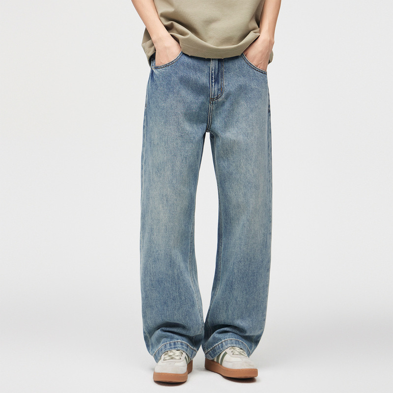 High Cotton Twill Denim American Retro Loose Sky Blue Jeans with Vintage Wash for All-Season Commuting High Cotton Twill Denim American Retro Loose Sky Blue Jeans with Vintage Wash for All-Season Commuting