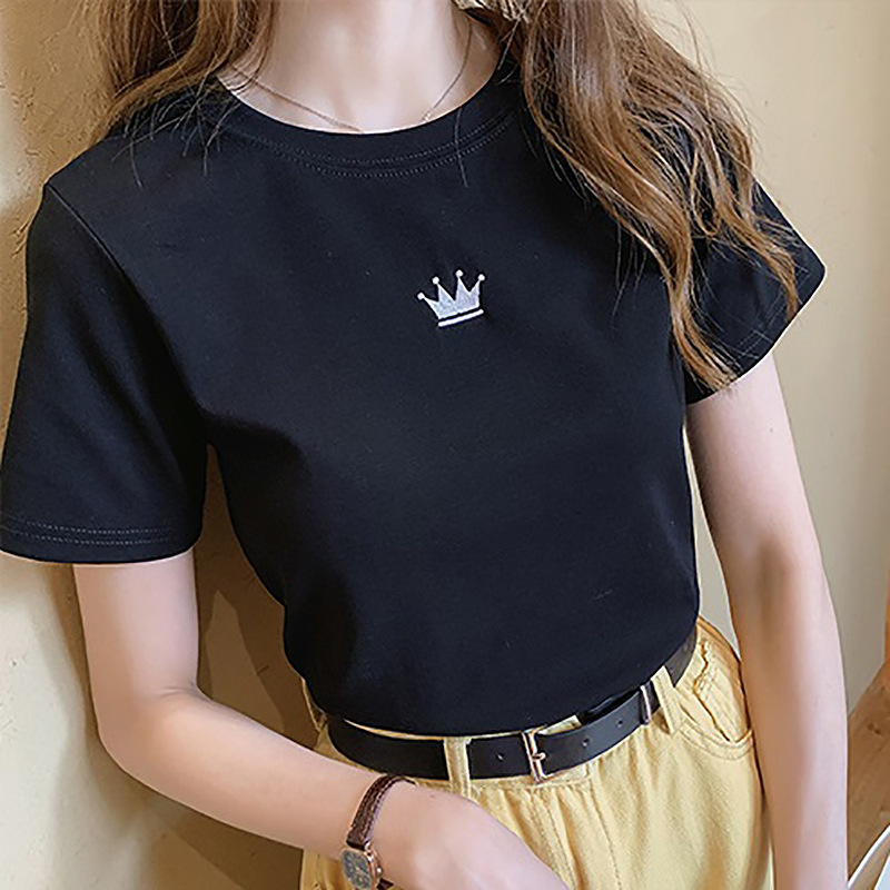 2025 夏の新スリム刺繍ラウンドネック半袖 Tシャツ女性の学生レディースボトリングトップドロップシッピング|undefined
