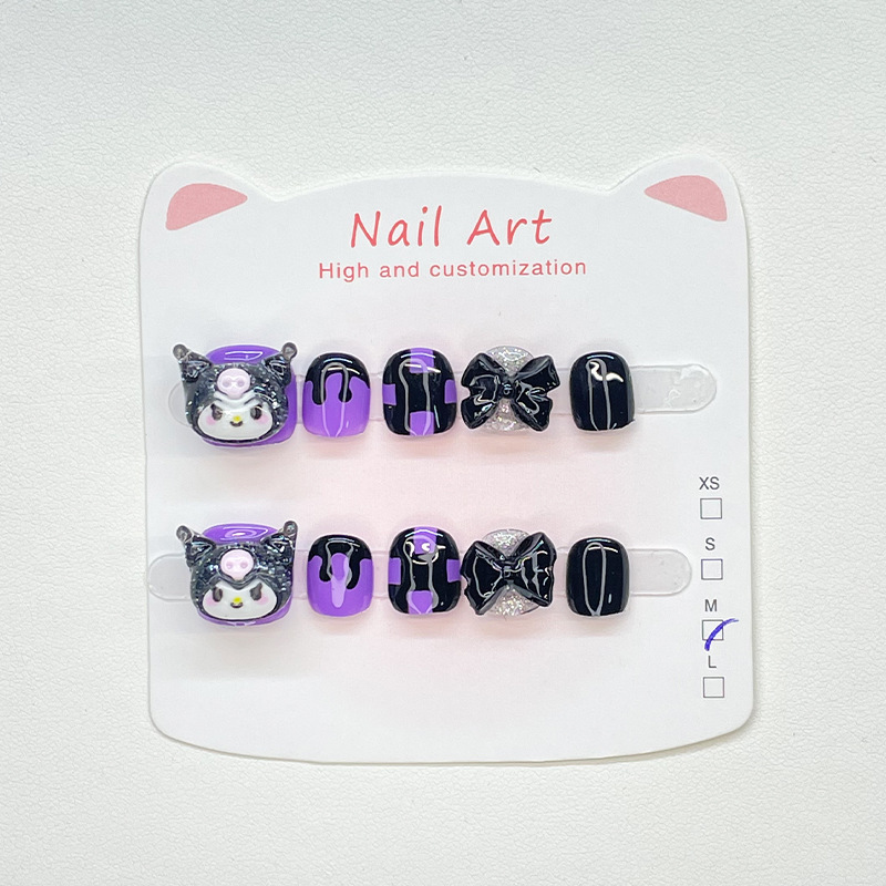 Summer New Children's Wear Nail Checkerboard Kuromi Manicure Patch Cute Three-Dimensional Fake Nails Removable