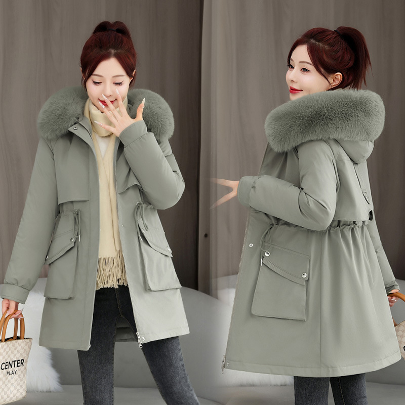 2025 invierno nuevo espessado para superar la cintura femenina delgada con capuzas cuello de cabello grande una chaqueta de algodón de terciopelo de moda