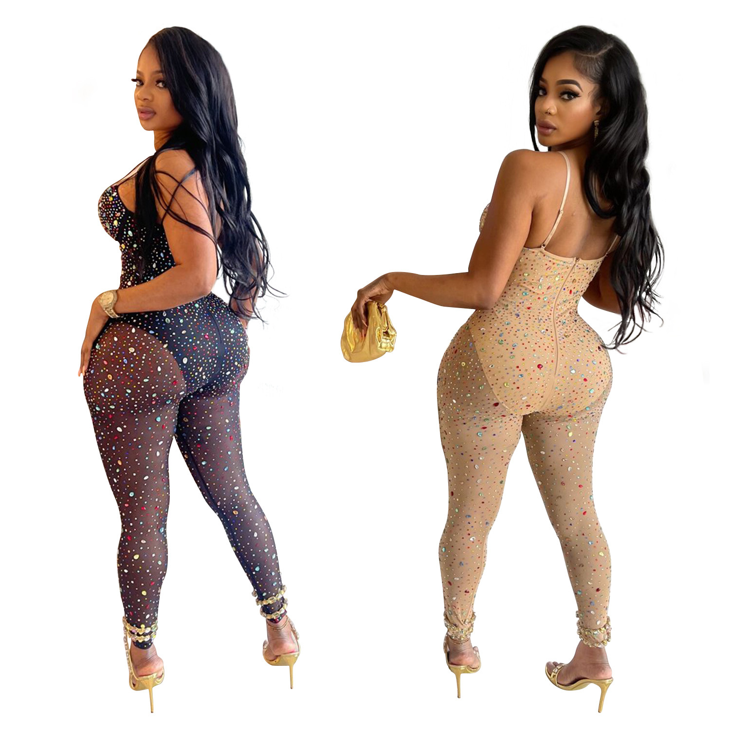 C6780 transfronteriza AliExpress Amazon Europa y América moda de las mujeres de color sólido de malla rhinestone sin mangas pantalones mono