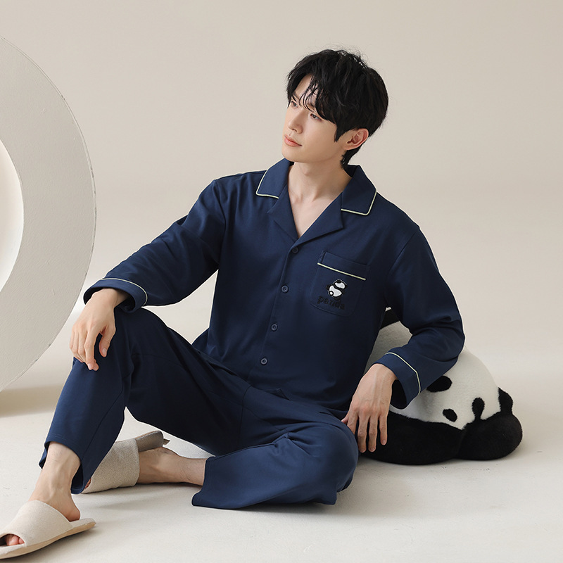 남성 잠옷 봄 가을 신상 2024 가디건 루즈 순면 편안한 대형 청년 및 중년층이 집에서 입을 수 있는 옷