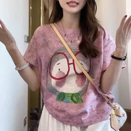 重工无感印花短袖t恤女夏季设计感小众宽松大码半袖上衣胖mm240斤
