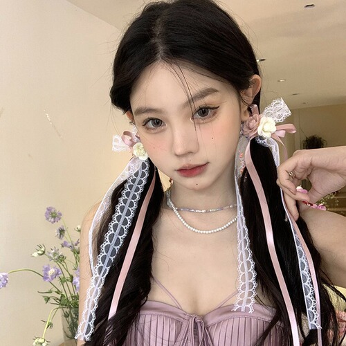 Sweet and cute ribbon bow hair clip double ponytail clip with flowing ribbon braid hair pin forehead clip for young girls, Japanese and Korean hair accessories