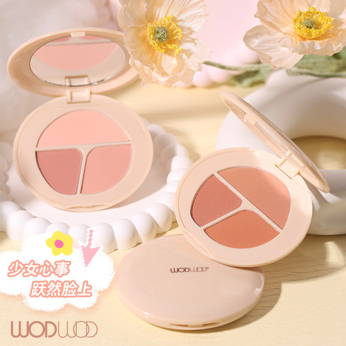 WODWOD soft matte glossy blush contouring palette, low saturation expansion color, naturally brightening and long-lasting three-color blush palette