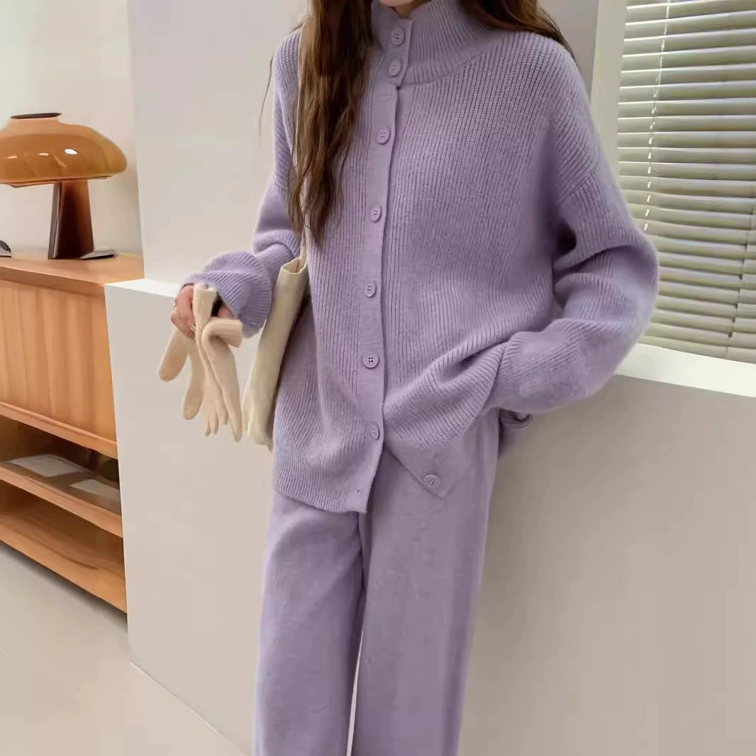 Стильный однобортный трикотажный набор с отворотом дамы осень-зима новый свитер кардиган куртка широкие брюки набор из двух частей