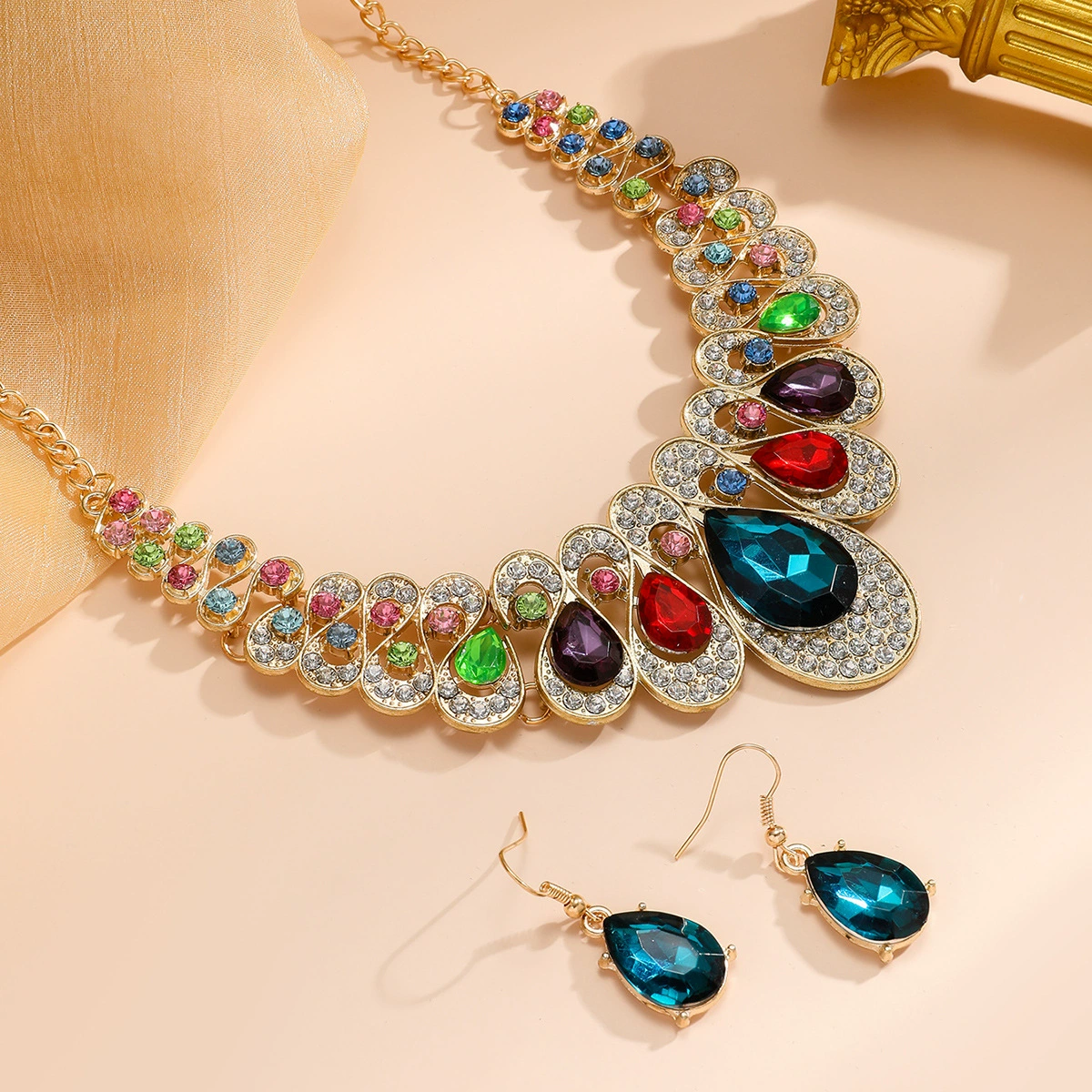 Fashionable metal collar, necklace and earrings, set, European style, with gem