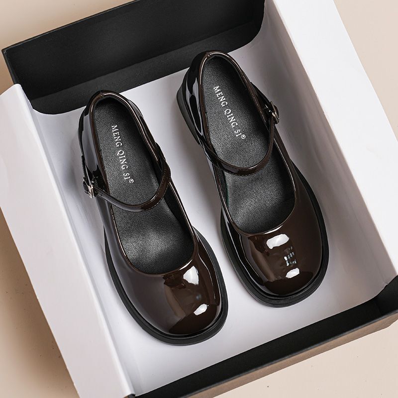 Invisible Height-Increasing Mary Jane Leather Shoes for Women, Paired with Skirts and Suits, Black Thick-Soled Single Shoes, One-Strap High Heels