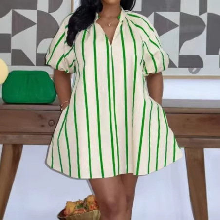 2026 European and American Cross-Border Independent Site Women's New Fashion Amazon African Color-Block V-Neck Puff Sleeve Dress 2026 European and American Cross-Border Independent Site Women's New Fashion Amazon African Color-Block V-Neck Puff Sleeve Dress