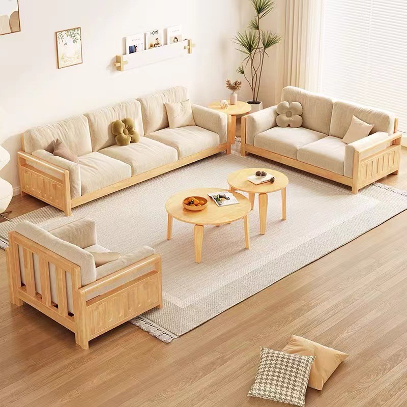 Sofá de madera sólida estilo nórdico japonés sala de estar pequeño moderno simple tela de madera de madera de estilo crema sofá de madera sólida