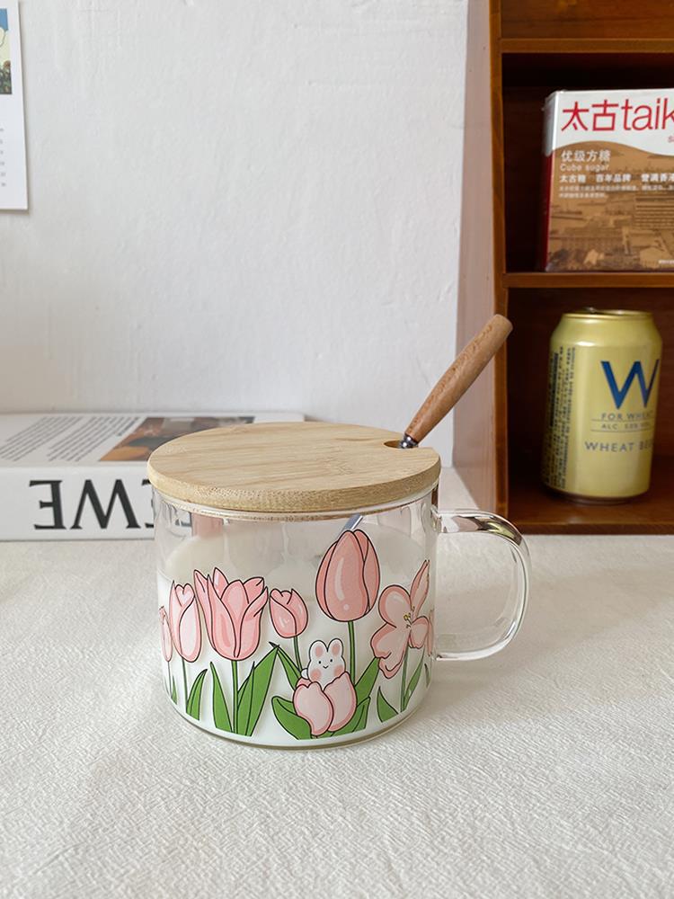 Glass cup for women cute high borosilicate hot water resistant cup household scale milk coffee breakfast cup ins with lid spoon