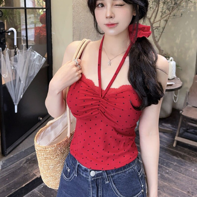 10192 # Hot Girl's Sexy Polka Dot Lace Design Halter Neck Strapless Camisole with Waist-Cinching Effect for a Slimming and Beautiful Back 10192 # Hot Girl's Sexy Polka Dot Lace Design Halter Neck Strapless Camisole with Waist-Cinching Effect for a Slimming and Beautiful Back
