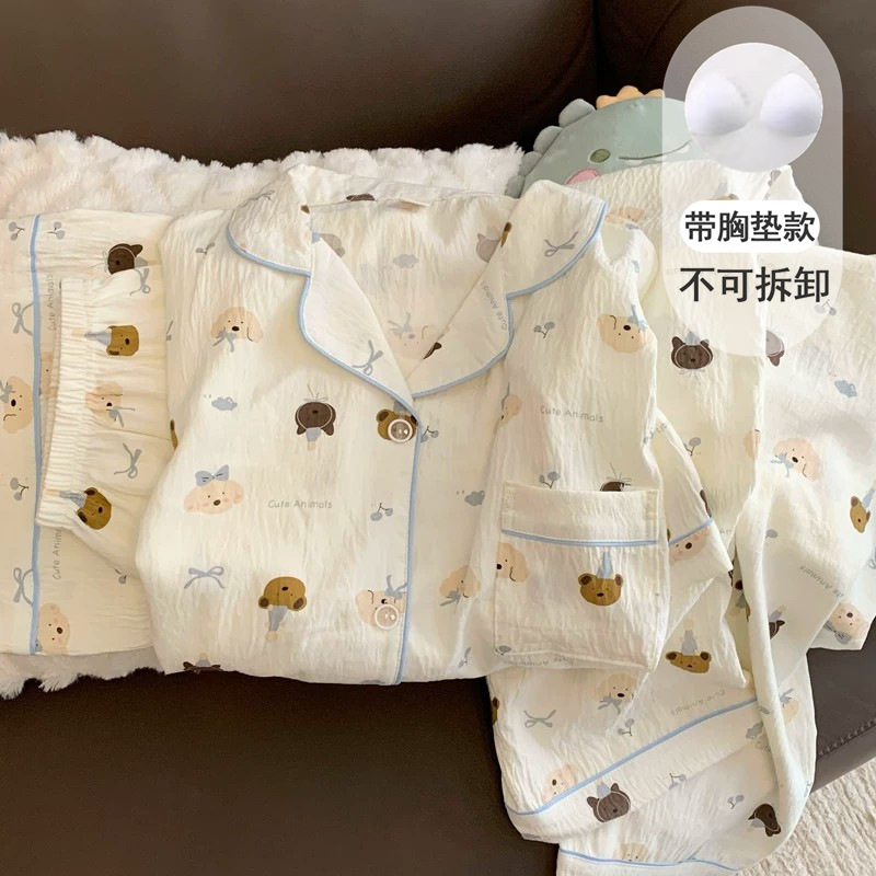 Cartoon Pure Cotton Gauze Pajamas with Breast Pads for Women, Short-Sleeved Summer Three-Piece Set, Cute Puppy Cardigan, Home Wear, Summer Style Cartoon Pure Cotton Gauze Pajamas with Breast Pads for Women, Short-Sleeved Summer Three-Piece Set, Cute Puppy Cardigan, Home Wear, Summer Style
