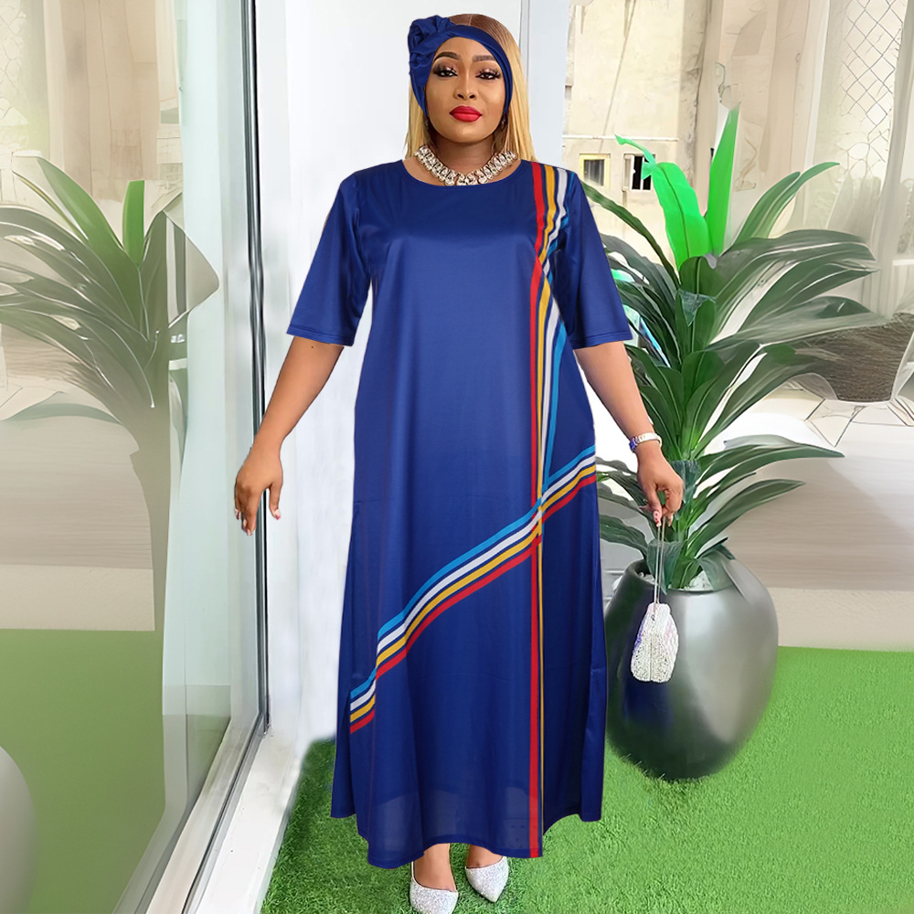 AliExpress Amazon Cross-border Source African plus size European and American Women's Color Striped dress with Headscarf