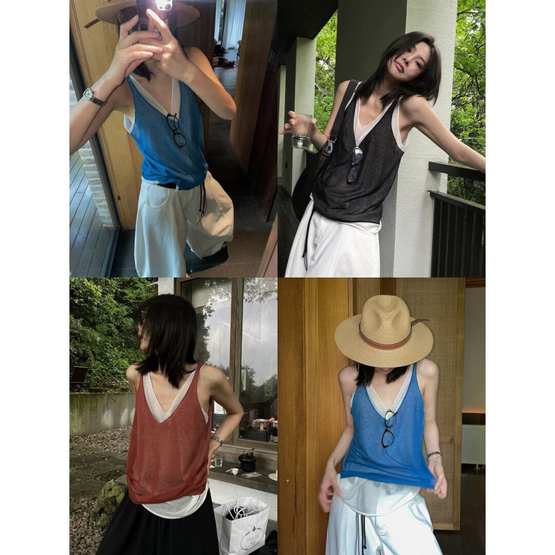 5115 # Jccc Shadow [Mist Layer Light] Layered Cool Draped Contrast Color Fake Two-Piece Vest V-Neck Camisole Top