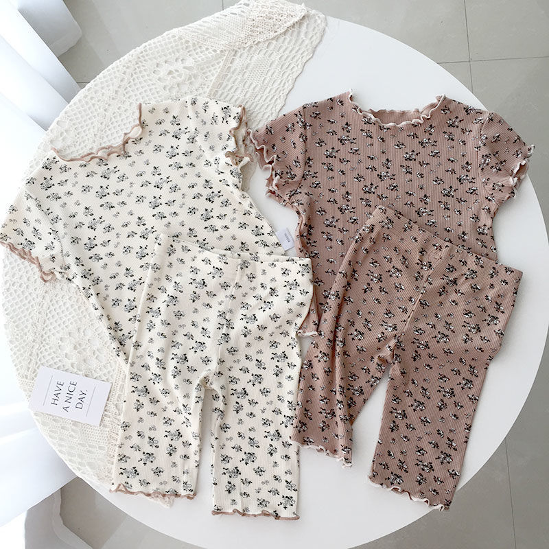 Children's Pajamas Summer Casual Style New Girls Outer Wear Short-Sleeved Floral Suit Summer Korean Style