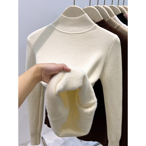 Winter One-Piece Fleece-Thickened Turtleneck Knitted Base Layer Top for Women—Warm Innerwear Korean-Style Soft and Fluffy Basic Sweater