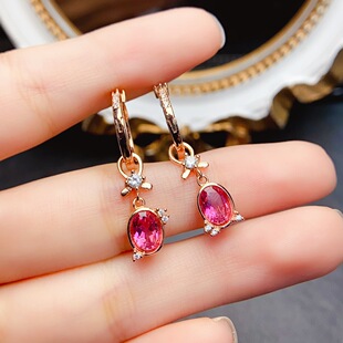 New natural powder topa earrings S925 silver inlaid main stone 5*7mm Joker net red explosions wholesale women's ornaments