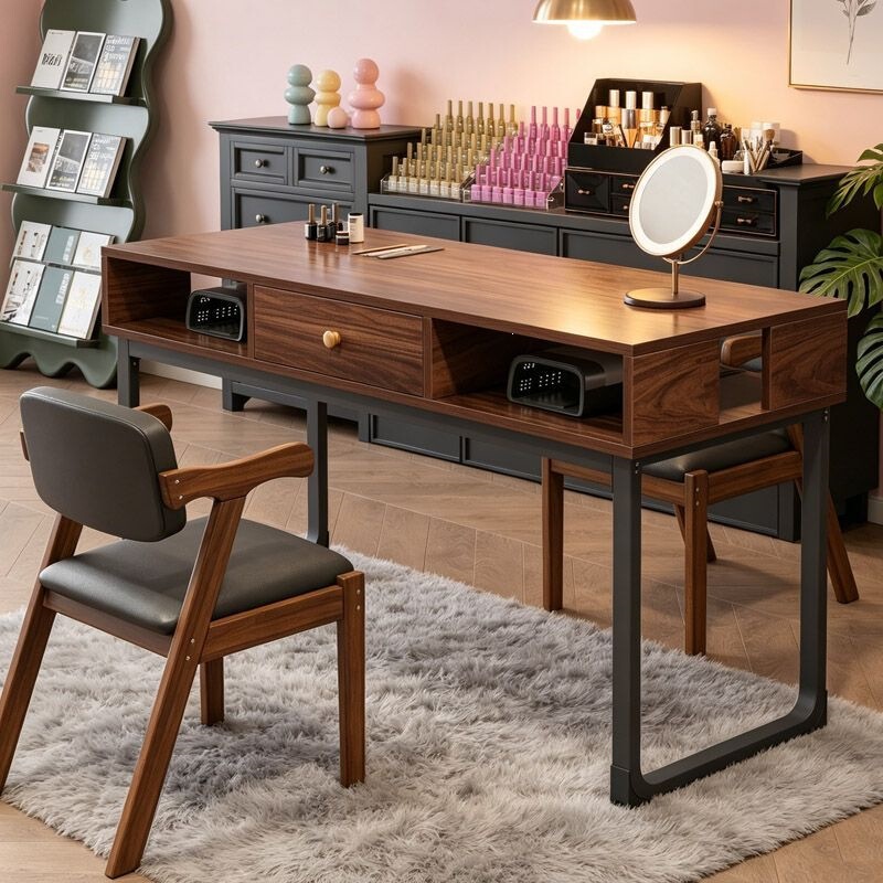 Retro manicure table with upgraded clamp light hole, double drawer storage, modern simple double-layer thickened long table Retro manicure table with upgraded clamp light hole, double drawer storage, modern simple double-layer thickened long table