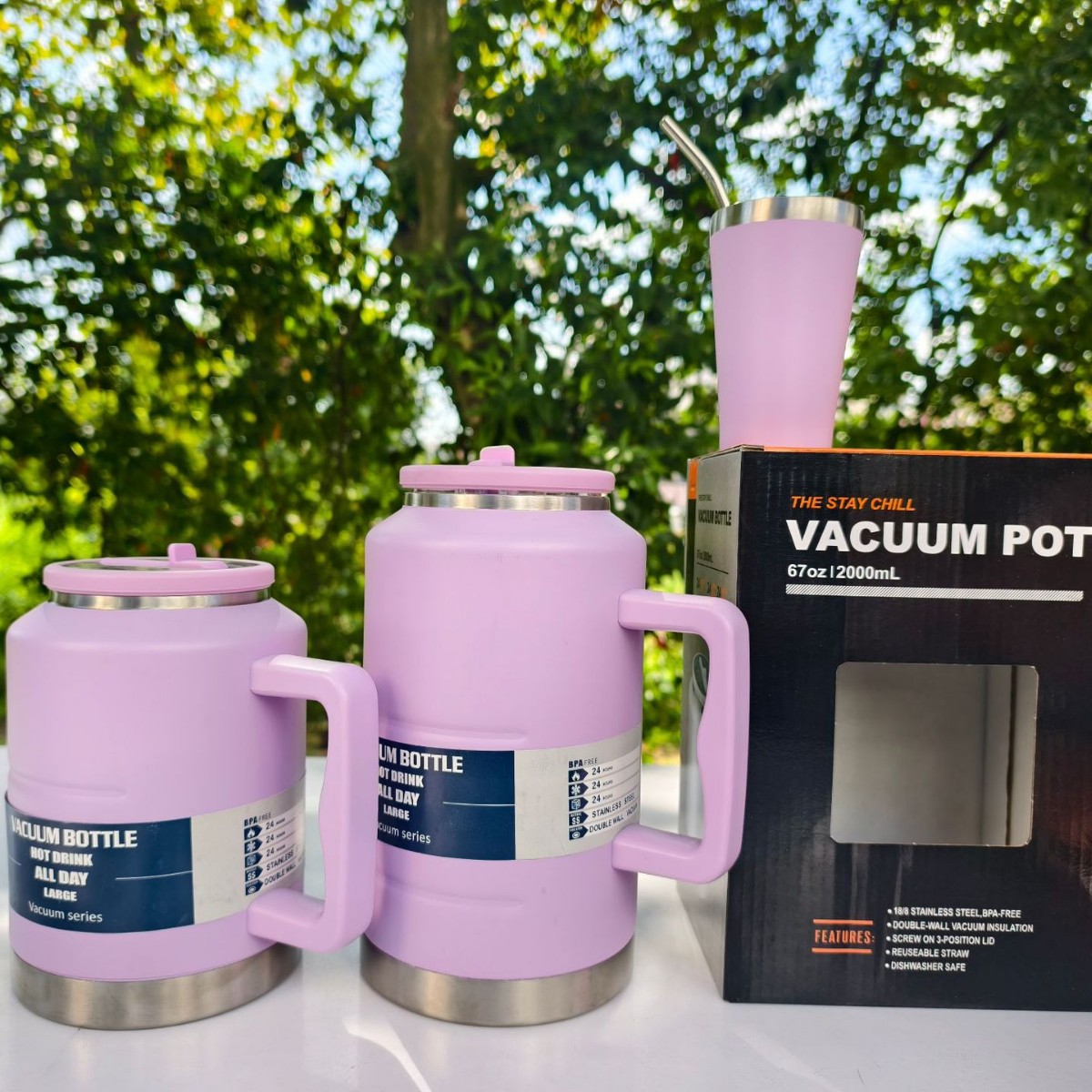 Nuevo estilo de gran capacidad con mango Toneladas Toneladas Toneladas Botellas deportivas de montañismo al aire libre Taza de vacío de acero inoxidable Taza de vacío