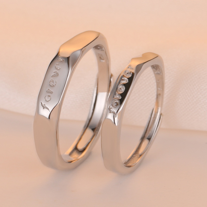 Japonés y coreano S925 plata esterlina joyería simple rombo geométrico letras inglesas anillo abierto hombres y mujeres pareja anillo