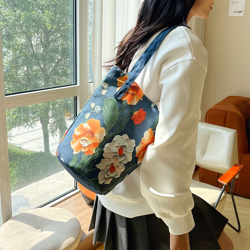 跨境新款立体水桶包夏日出游手拎包油画花卉百搭大容量高级单肩包|undefined
