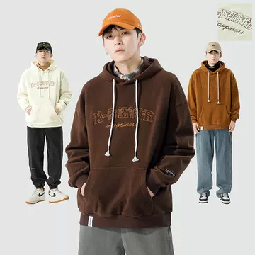 Polar fleece hooded sweater men's autumn and winter fashion brand embroidered drop-shoulder loose warm thickened polar fleece outer coat - ShopShipShake