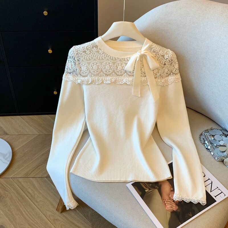 French-Style Lace Patchwork Knitted Sweater for Women, Autumn and Winter Waist-Cinching Slim-Fit Design Top, New Arrival French-Style Lace Patchwork Knitted Sweater for Women, Autumn and Winter Waist-Cinching Slim-Fit Design Top, New Arrival