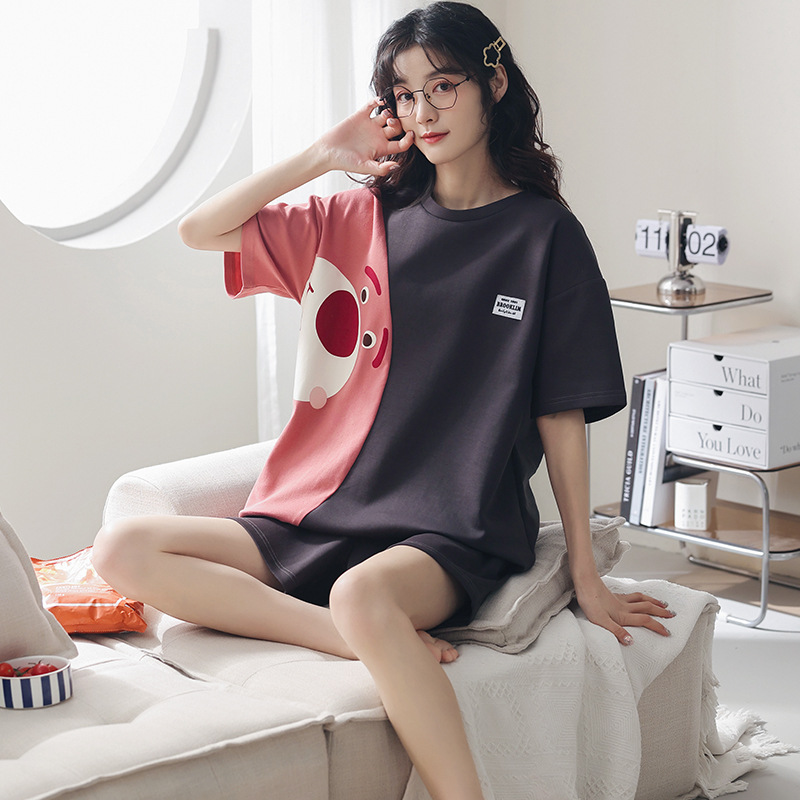 Pareja de pijamas de verano de algodón de manga corta de Internet celebridad oso lindo de dibujos animados nuevo camisón ropa de casa de las mujeres traje de verano
