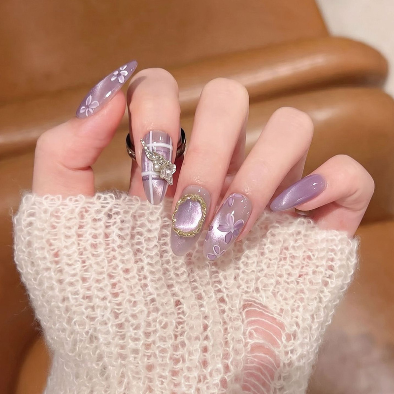 Dai Risen [Purple Rhythm Jiangnan] High-End Wearable Nail Art with Hand-Painted Ink Wash Floral Ring and Cat Eye Design Fake Nails