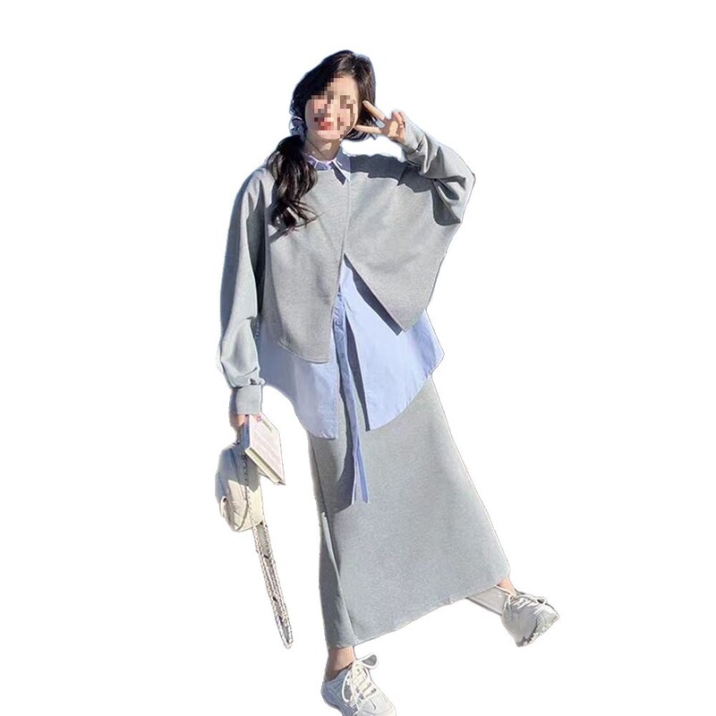 学院风套装显瘦穿搭女春季2025新款灰色卫衣衬衫半身裙直筒三件套|undefined