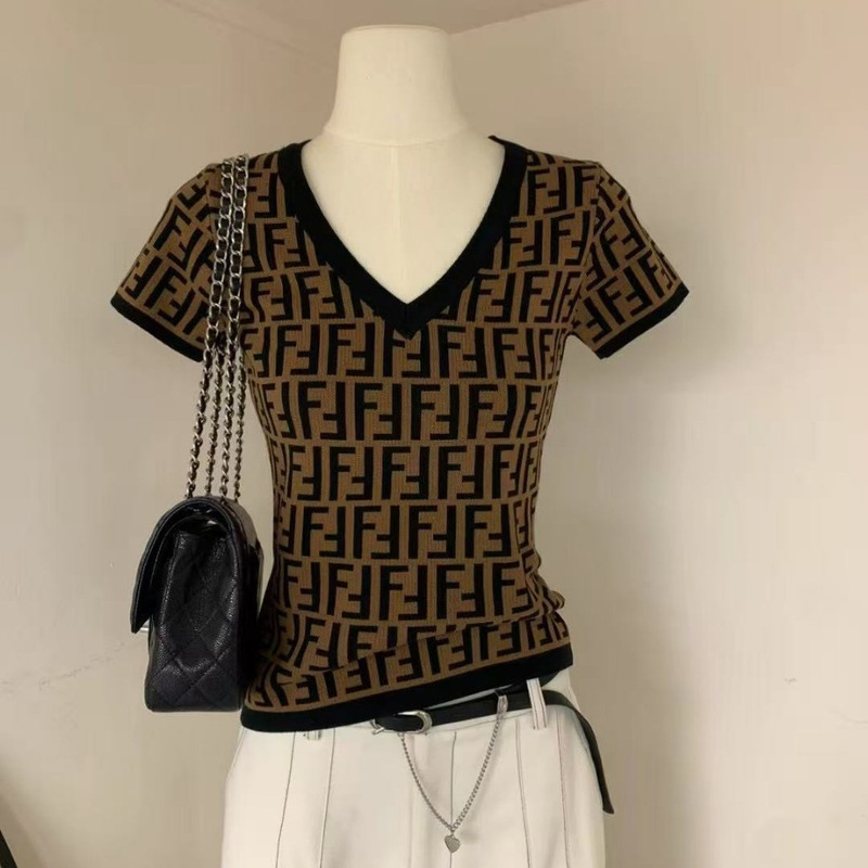 25 New Classic Double Ff Full Jacquard Letter Knitted Fashion Versatile V Neck Women's Short Sleeves