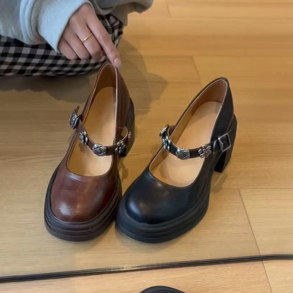 양가죽 버전~레트로 컬리지 스타일 두꺼운 굽의 하이힐, 원스트랩 메리제인 슈즈, 여성용 가죽 슈즈, 봄 패션