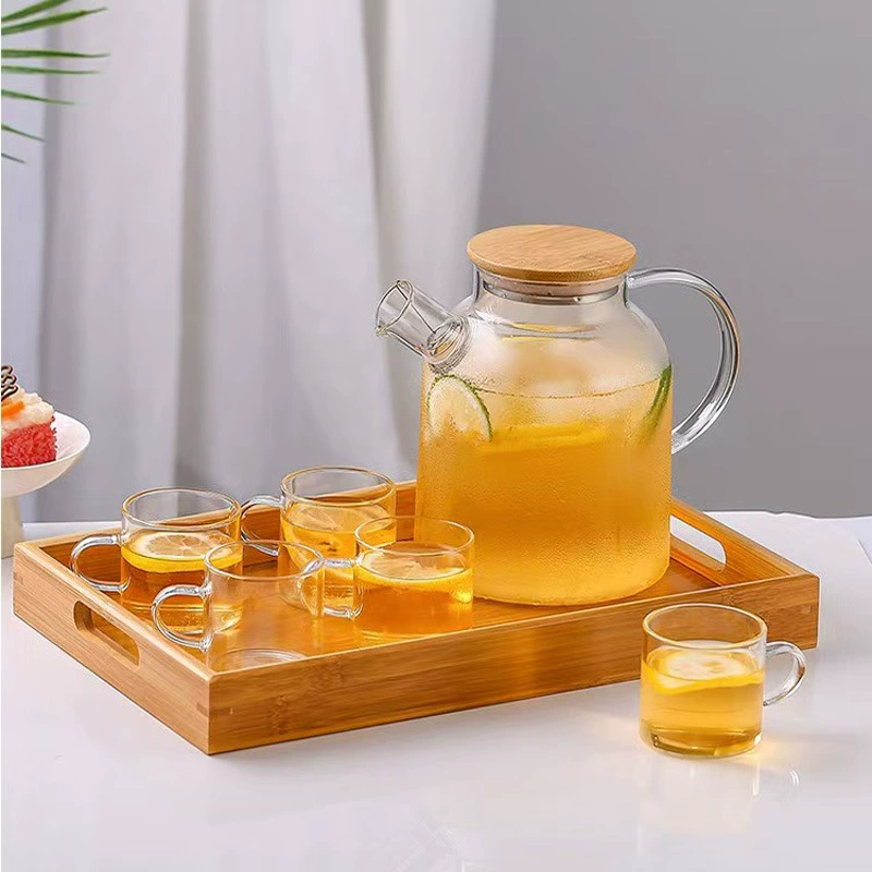 Оптовая продажа, стеклянный чайник для холодной воды, бамбуковая крышка, чайник для сока, бытовой термостойкий, высокая температура, большой емкости, чайник для холодной воды, небольшой чайник для кипящей воды