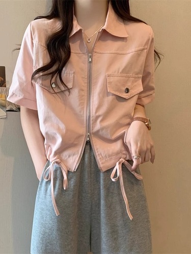 Short-Sleeve Regular Shoulder Workwear Top for Women, Spring Large Size for Plus Size, Slimming Design, Double Zipper Shirt