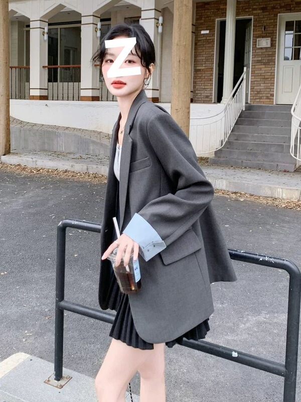 拼接灰色西装外套女早春季2025新款韩系感轻熟风流行休闲西服|undefined