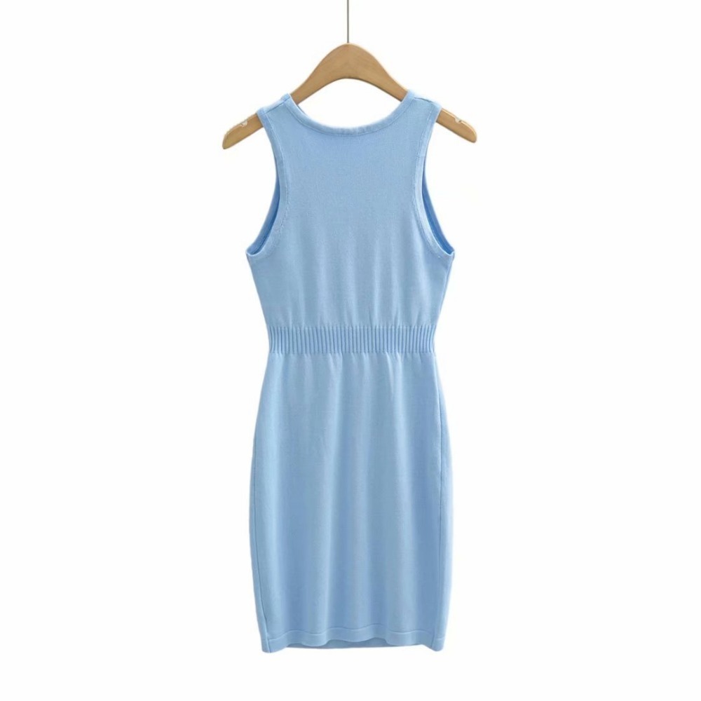 Front Waist Cutout Knitted Round Neck Sleeveless Dress NSXDX117989